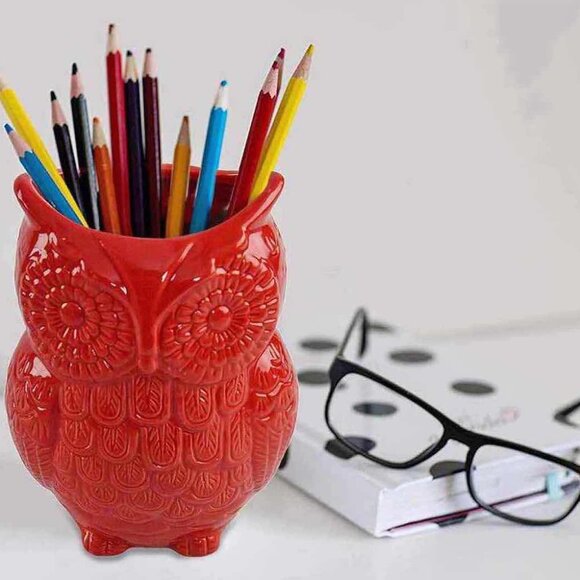 Owl Utensil Holder Decorative Ceramic Cookware & Organizer - Red - Picture 3 of 6